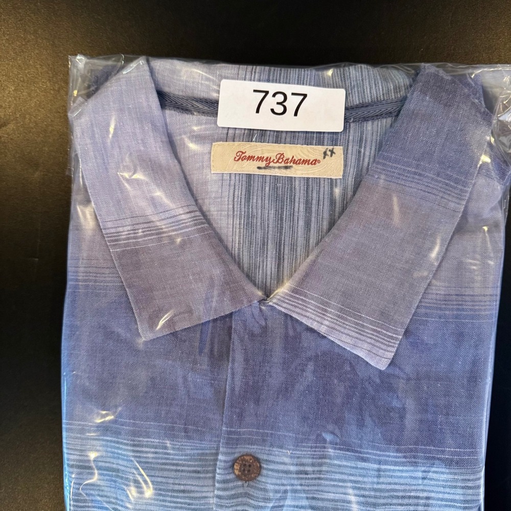 Tommy Bahama Men XL Blue Grey Ombre Striped 100% Linen Short Sleeve Button Shirt - Picture 7 of 7